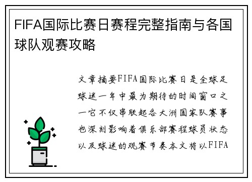 FIFA国际比赛日赛程完整指南与各国球队观赛攻略